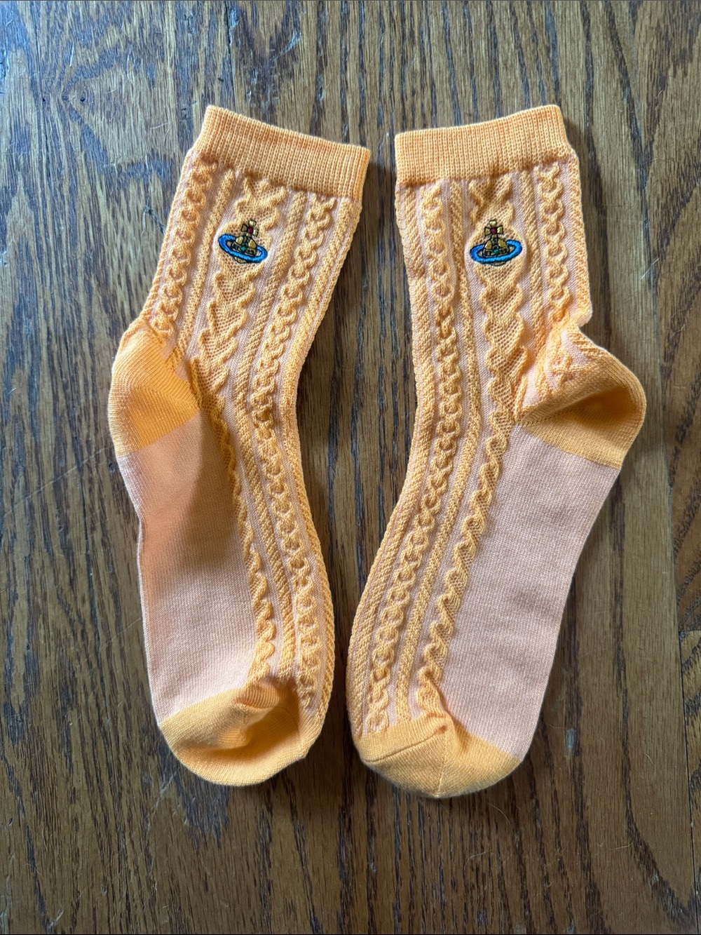 Vivienne Westwood Peach Orange Cable-Knit Crew Socks with Orb Embroidery